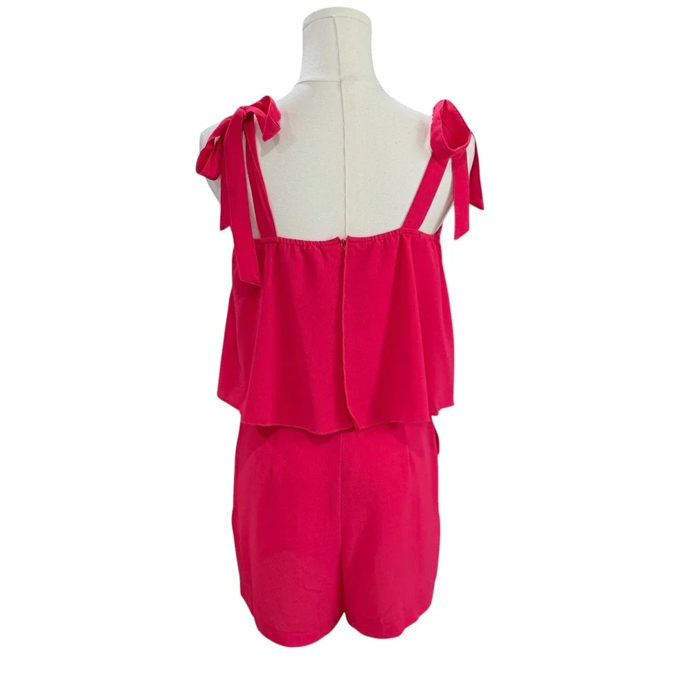 Hot Pink Romper Tie Shoulder Flowy Summer Vacation Resort Barbiecore Chic - Picture 6 of 7